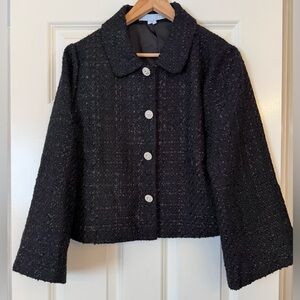 Hill House Tweed Blazer Jacket Medium Black Cropped Button up Chic Classic